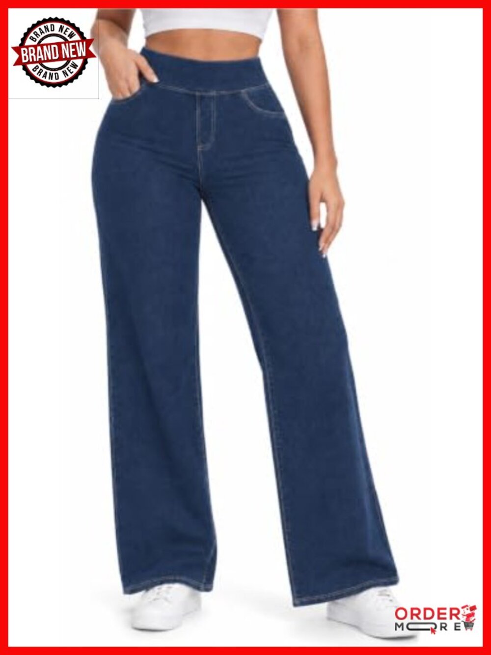Wide Leg High Waist Pull On Jeans Tummy Control Stretch Petite 29 Inseam